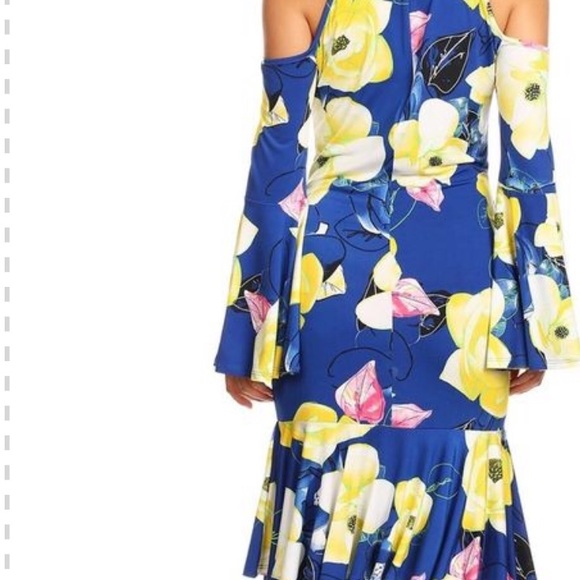 Blue and yellow floral dress. Floral printed midi. - Picture 3 of 4